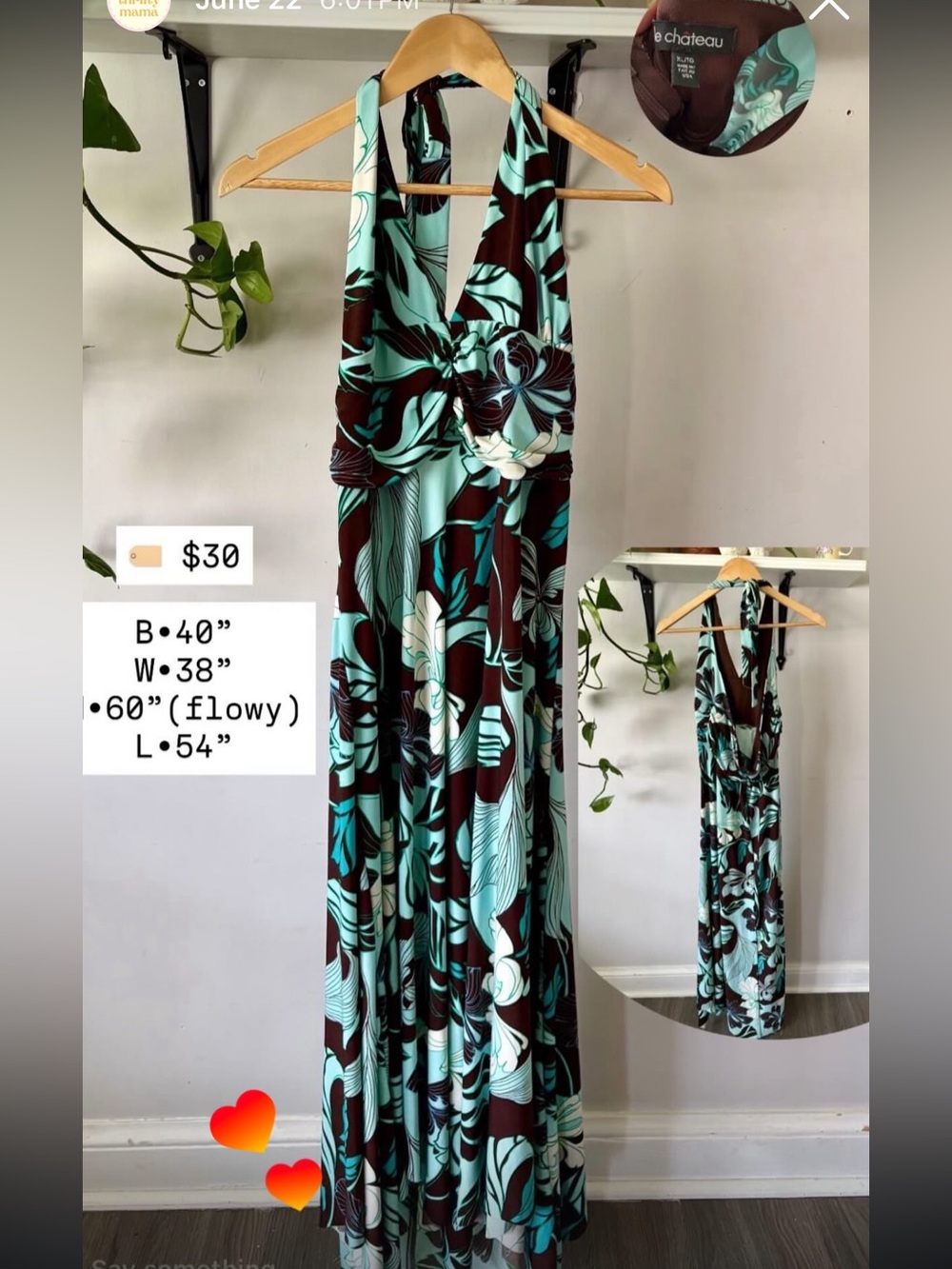 le chateau Halter Maxi Dress in Teal & Brown Floral